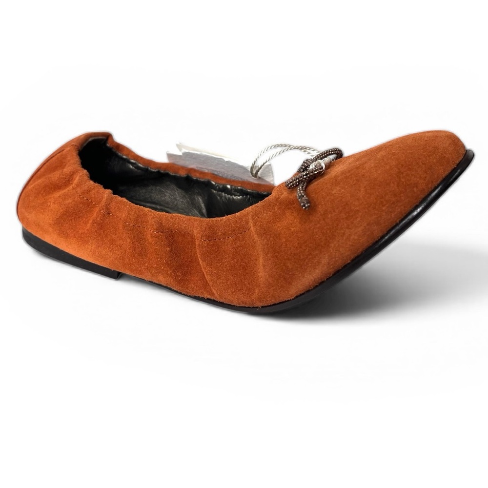 NIB Brunello Cucinelli Ruched Suede Ballet Flat Monili Bow Italy